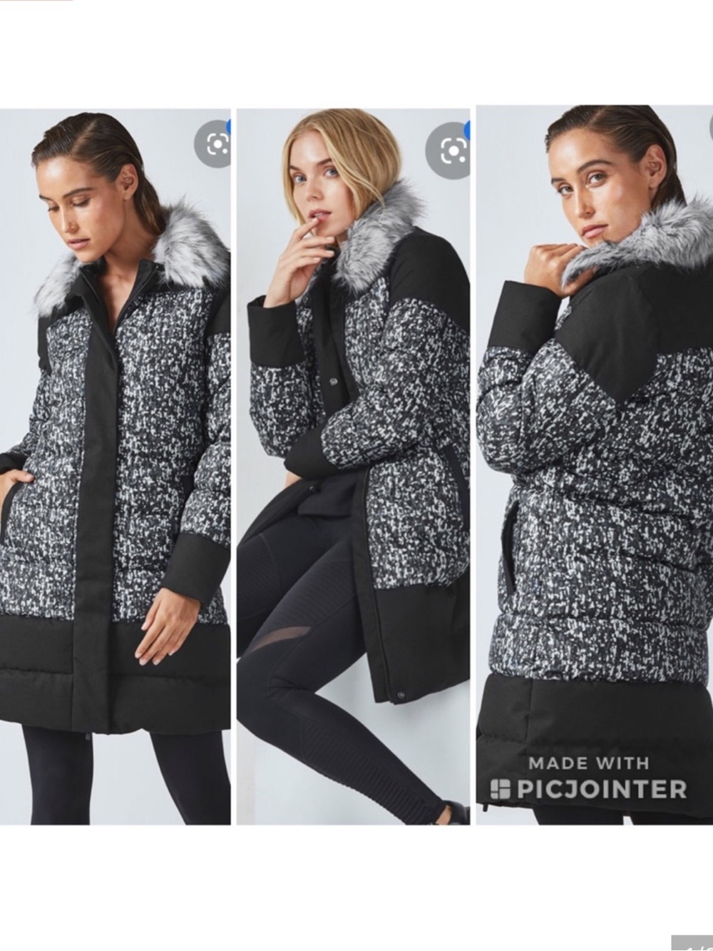 Fabletics Waco Confetti Print Puffer Winter Coat Jacket Black Dark Grey Womens